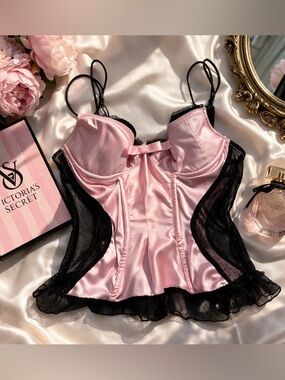 Vintage Victoria’s Secret Sexy Little Things Pink Satin Bustier Corset 34C Lace